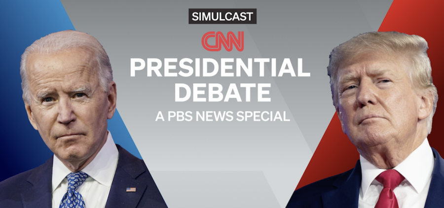 President Biden on one side, Donald Trump in the other, middle text says " Simulcast CNN Presidential debate: A PBS Newshour Special"